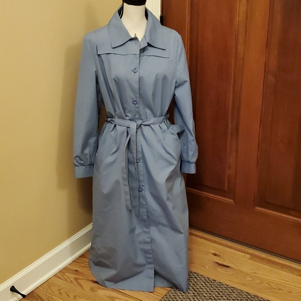 TRENCH COAT VINTAGE BUTTON DOWN JACKET 14  70s 80s BLUE BELT